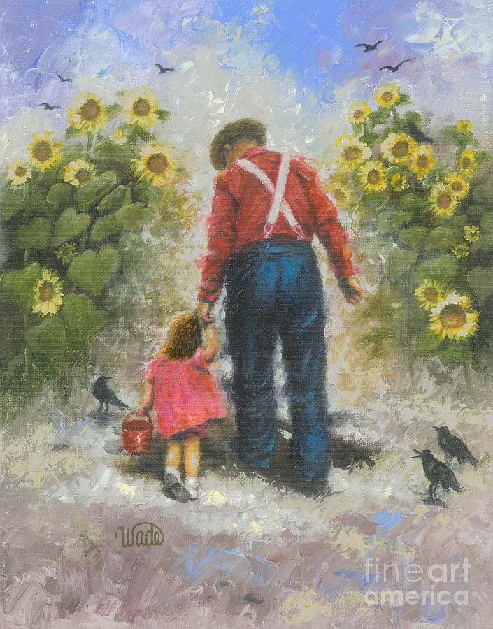 Sunflower Walk With Grandpa Brunette Girl Painting by Vickie Wade