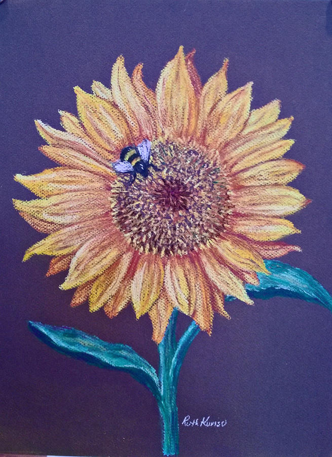 Sunflower Pastel - Sunflower with Bee by Ruth Kurisu