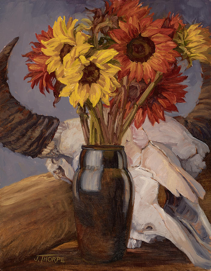 Sunflowers and Buffalo Skull Painting by Jane Thorpe