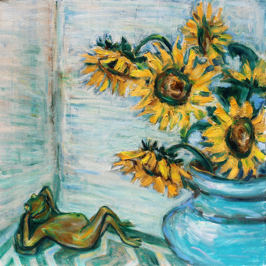 Sunflowers and Frog Painting by Xueling Zou