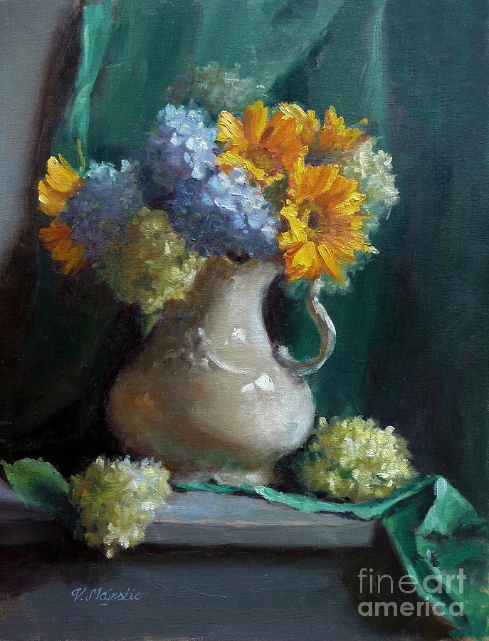 Sunflower Painting - Sunflowers and Hydrangeas by Viktoria K Majestic