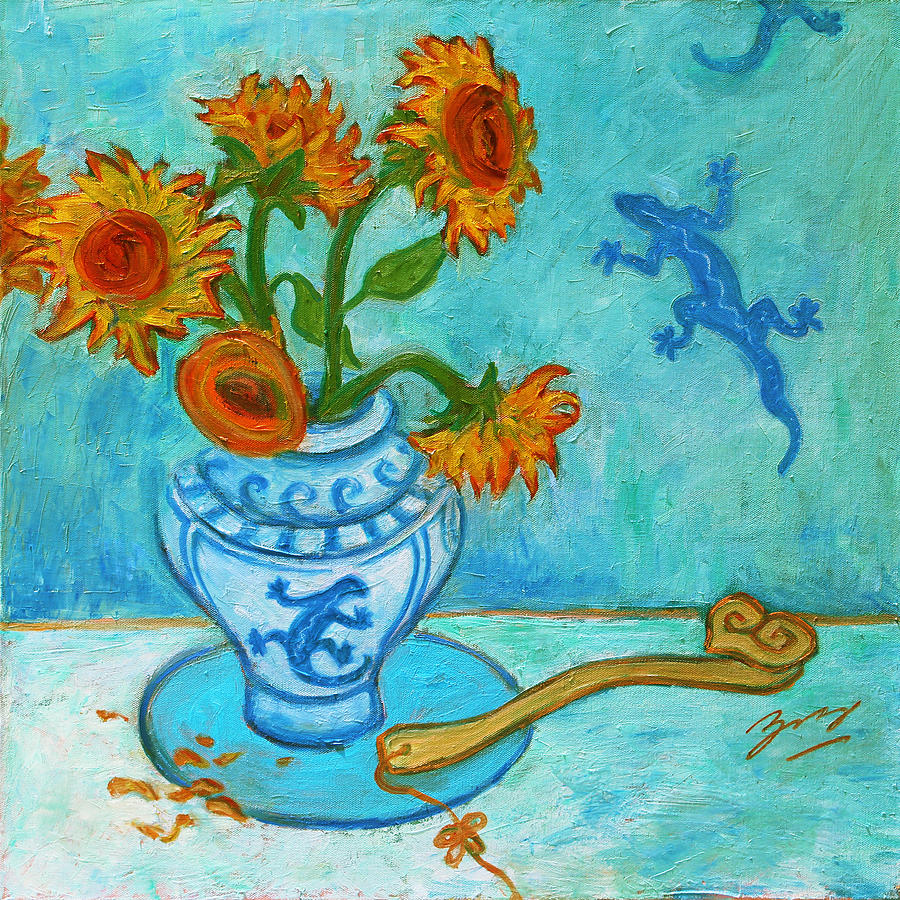 Sunflowers and Lizards Painting by Xueling Zou