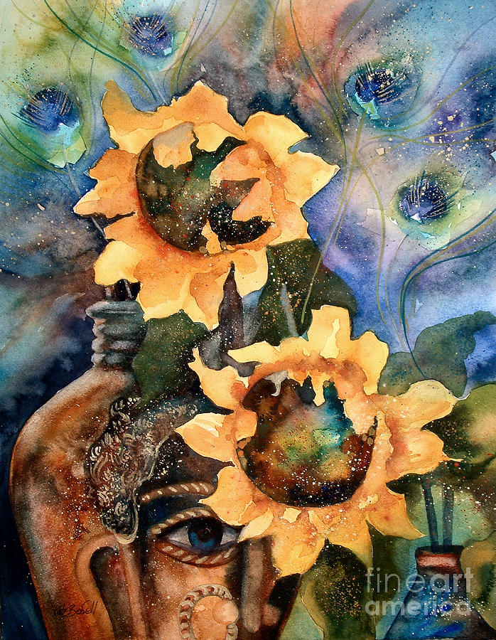 Sunflowers and Peacock Feathers Painting by Kate Bedell