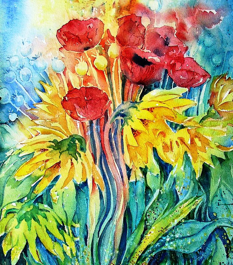 Sunflowers and Poppies  Painting by Trudi Doyle