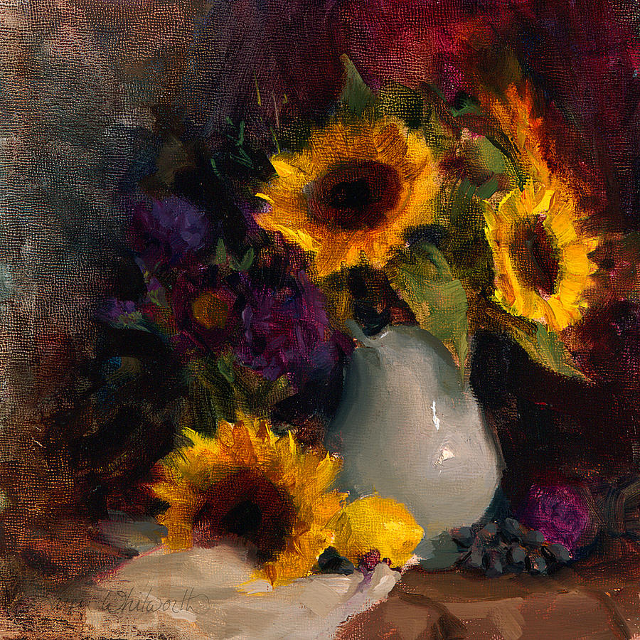 Sunflowers and Porcelain Still Life Painting by K Whitworth