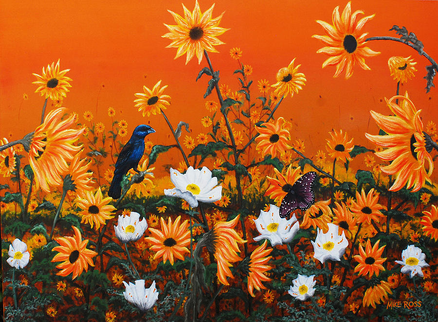 Bird Painting - Sunflowers and Prickly Poppies by Mike Ross