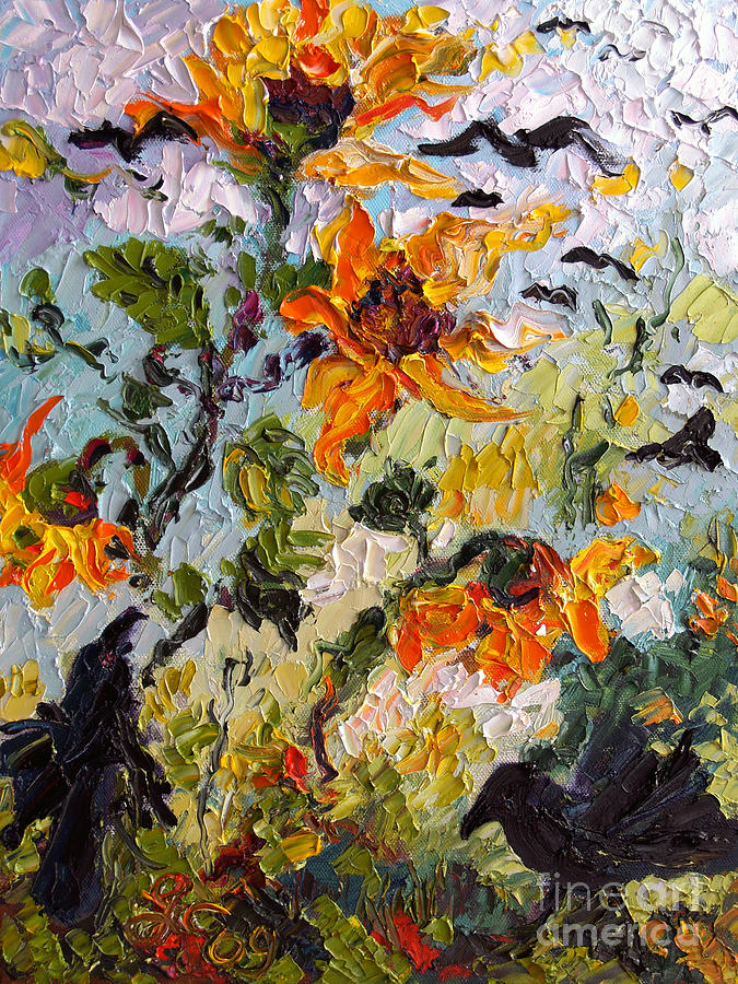Sunflowers and Ravens Painting by Ginette Callaway