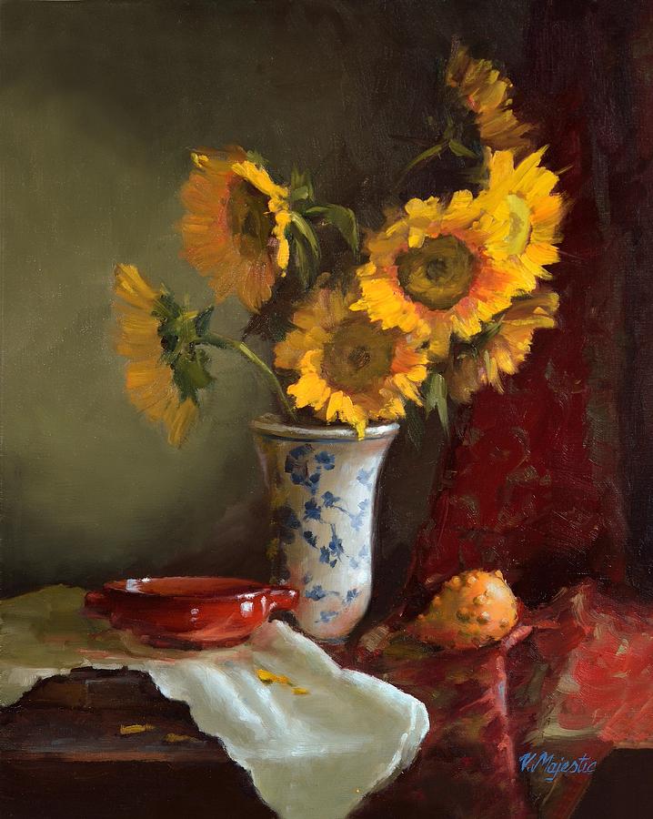 Sunflowers and Red Saucer Painting by Viktoria K Majestic