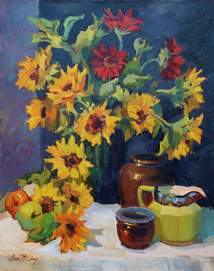 Sunflowers and Yellow Pitcher Painting by Diane McClary
