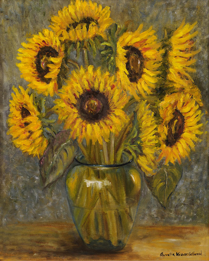 Sunflowers in a Blue Glass Jar Painting by Aurelia Nieves-Callwood