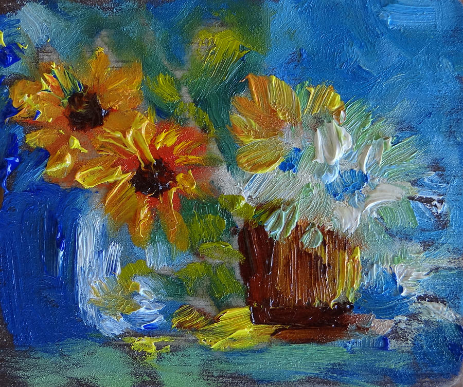 Sunflowers in a Mason Jar Miniature Painting by Carol Berning