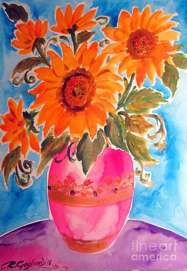 Sunflowers in a pink vase Painting by Roberto Gagliardi