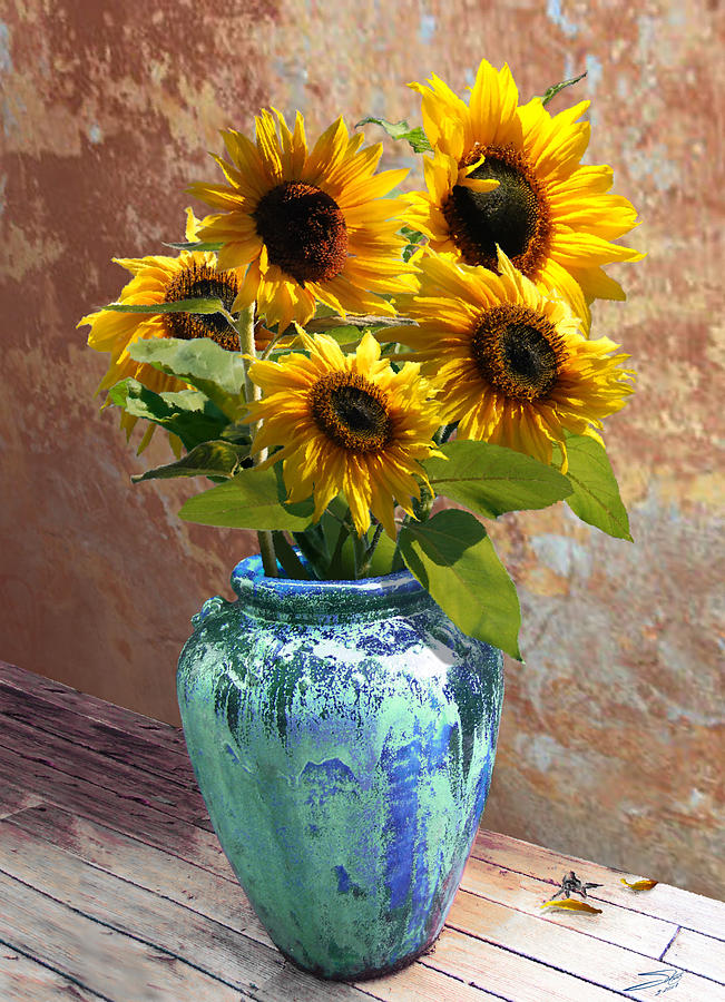 Sunflowers in Blue-Green Vase Digital Art by M Spadecaller
