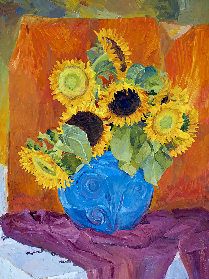 Sunflowers in Blue Vase Painting by Judith Barath