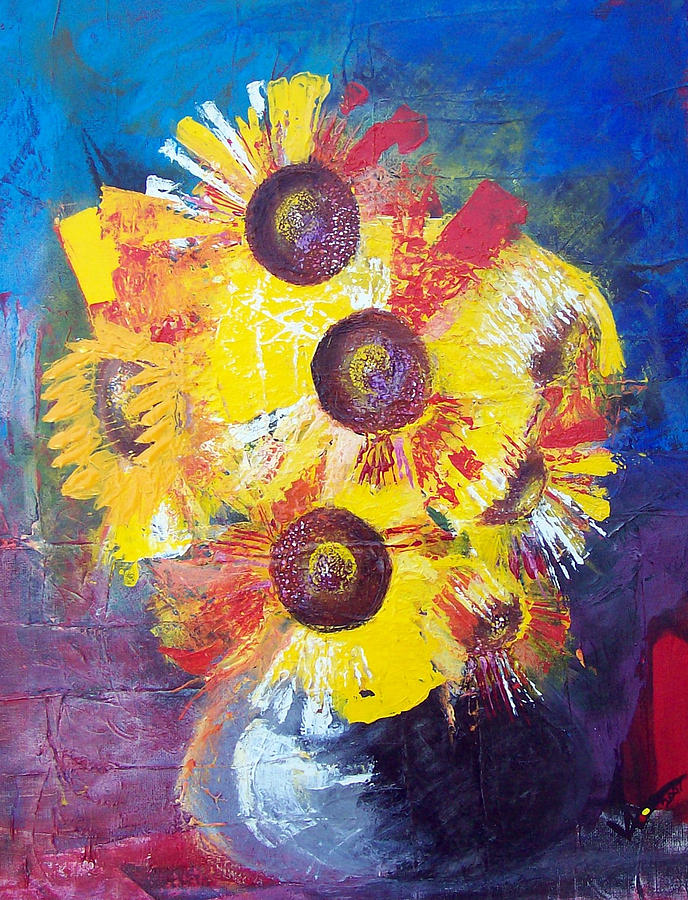 Flowers Painting - Sunflowers in blue vase by Valerie Wolf Flowers Painting - Sunflowers in blue vase by Valerie Wolf