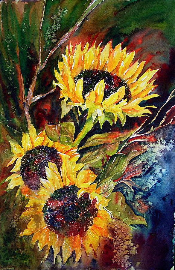 Flower Painting - Sunflowers in Darkness by Arlys Hefty