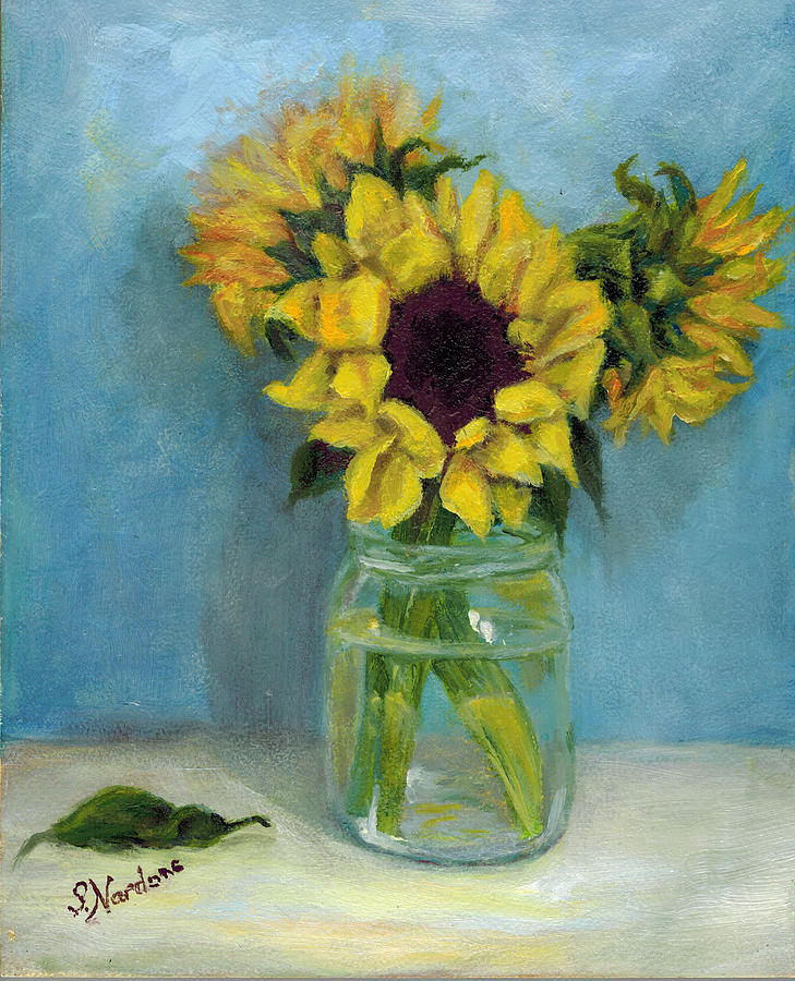 Sunflowers in Mason Jar Painting by Sandra Nardone