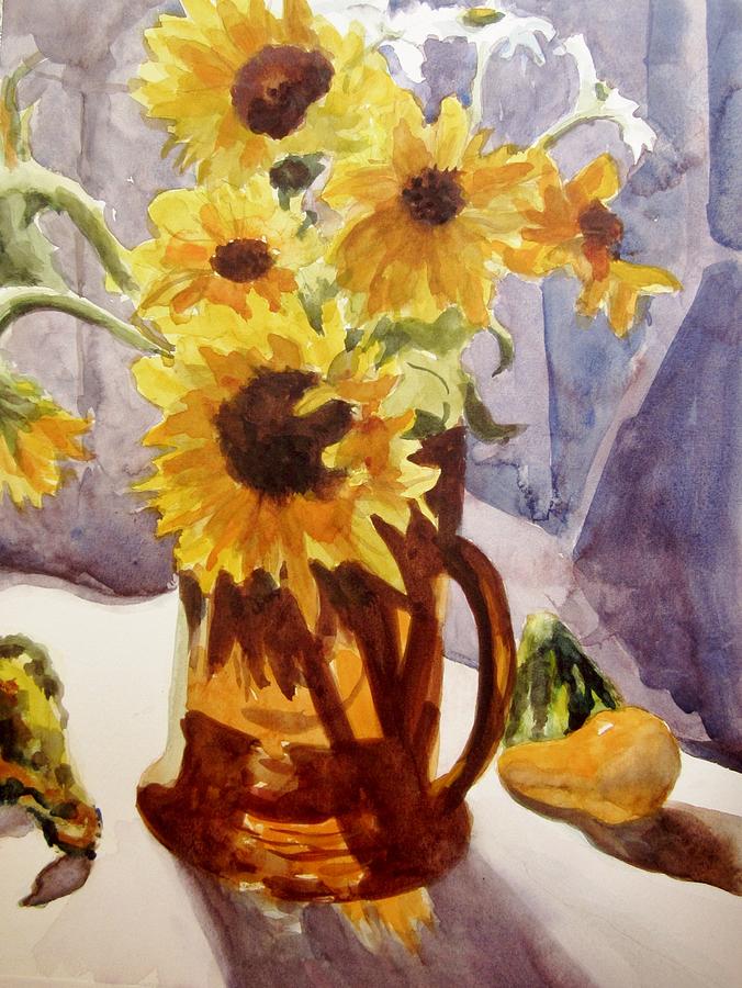 Sunflowers in Rust Glass Pitcher Painting by Judith Scull