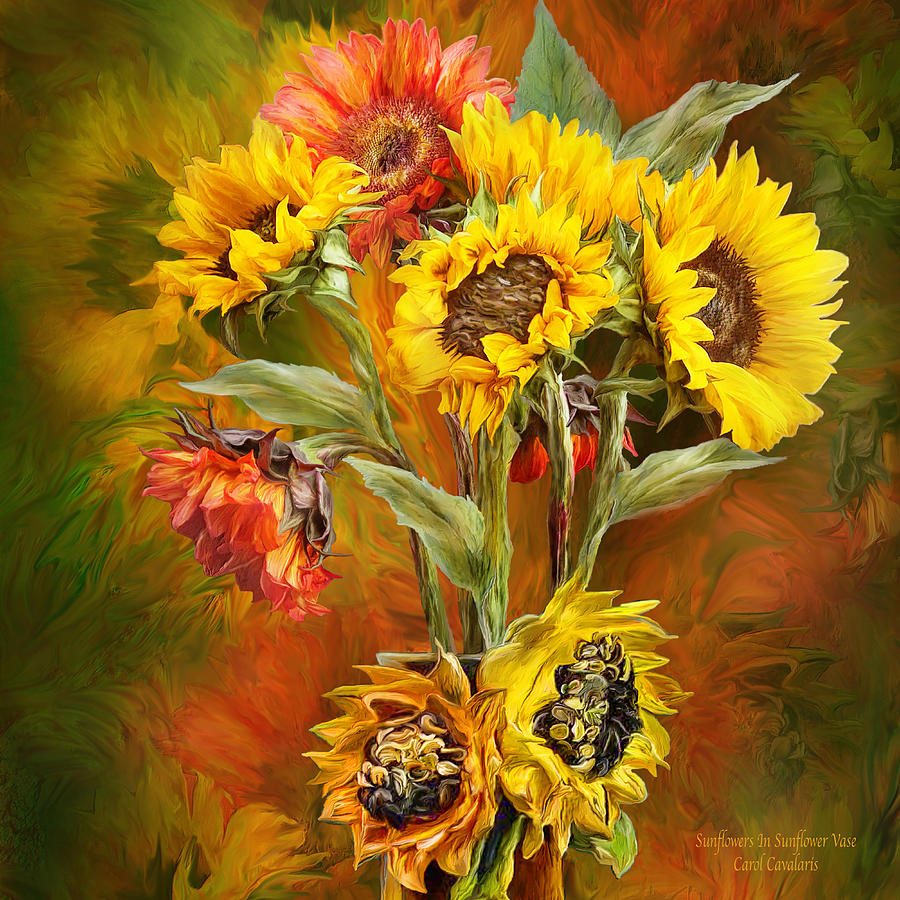 Sunflowers In Sunflower Vase - Square Mixed Media by Carol Cavalaris