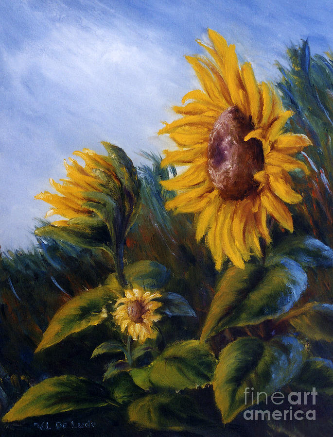 Sunflowers on Green Hill Under Blue Sky Painting by Lenora  De Lude