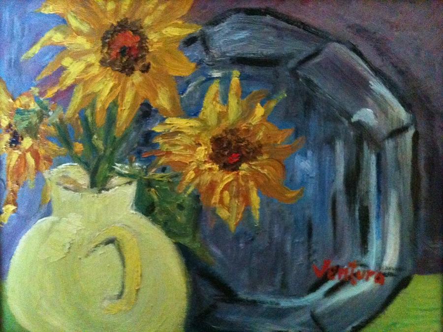 Sunflowers  picther and  plate still life Painting by Clare Ventura