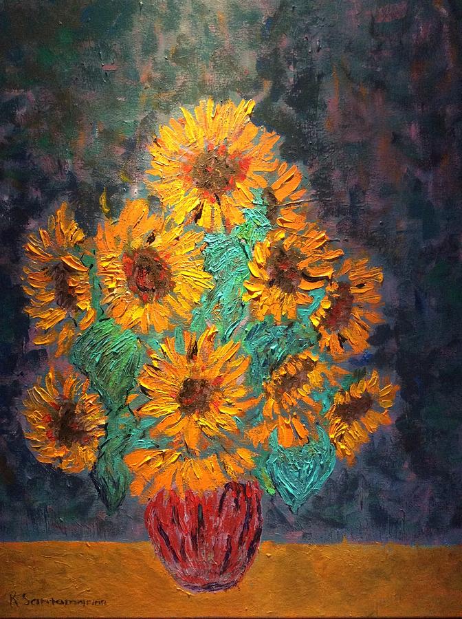 Sunflowers red vase Painting by Rodrigo Santamarina - Fine Art America