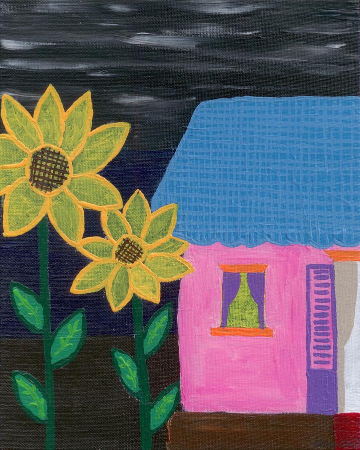 Checkers Painting - Sunflowers with home by Melissa Vijay Bharwani