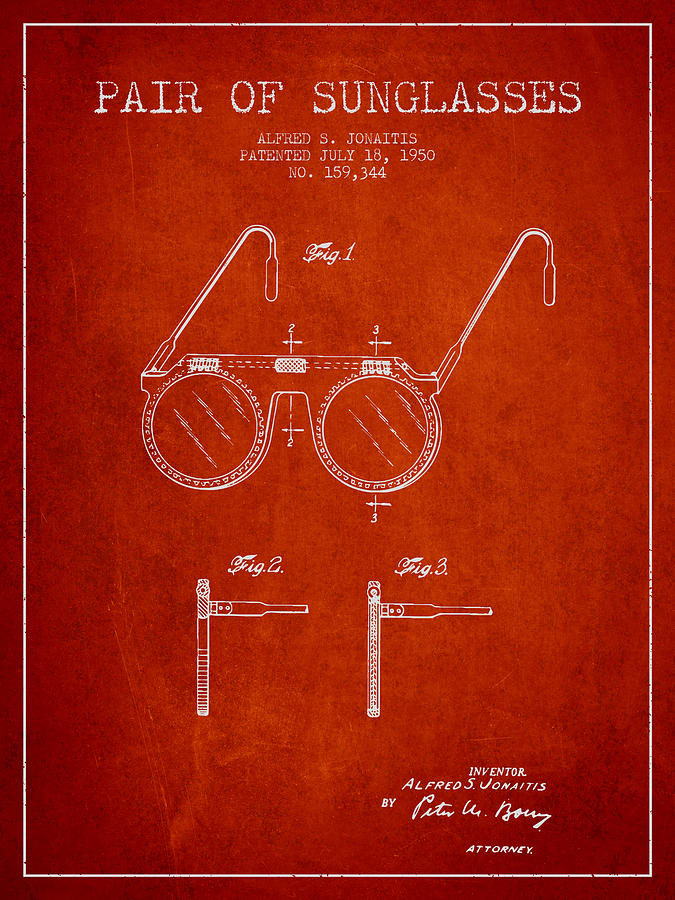 Vintage Digital Art - Sunglasses patent from 1950 - Red by Aged Pixel