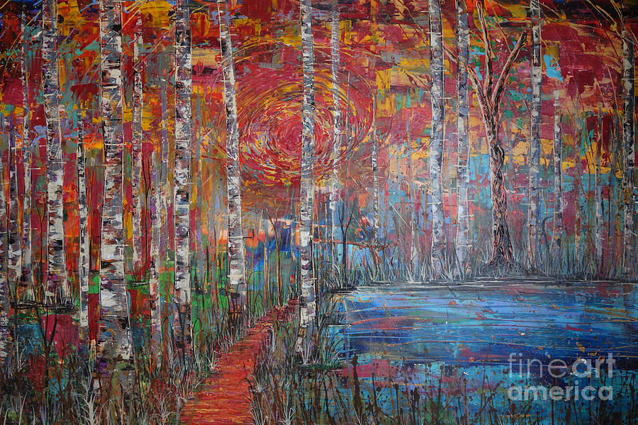 Sunlit Birch Pathway Painting by Jacqueline Athmann