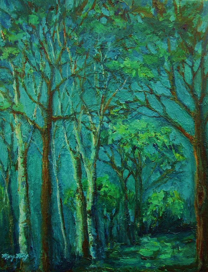 Sunlit Woodland Path Painting by Mary Wolf