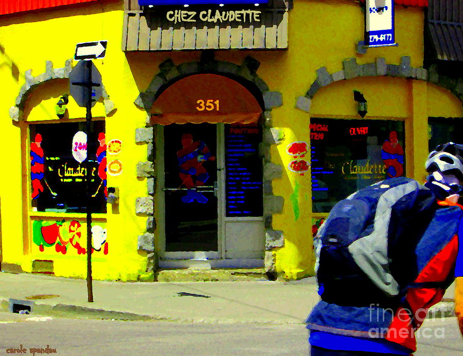 Hockey Painting - Sunny Corner Cycling By Chez Claudette Comfort Food Poutine Montreal Cafe Scenes Carole Spandau by Carole Spandau