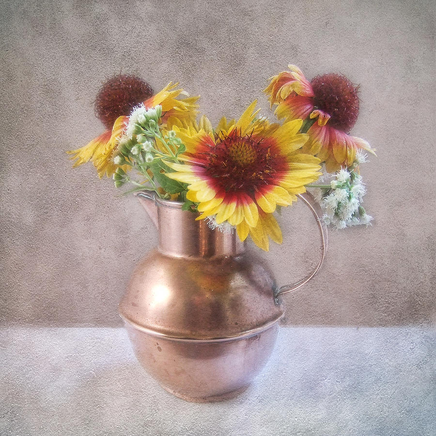 Sunny Treasure Flowers in a Copper Jug Photograph by Louise Kumpf
