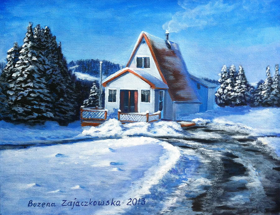 Sunny Winter Day by The Cabin Painting by Bozena Zajaczkowska