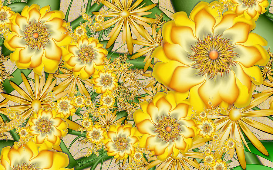 Abstract Digital Art - Sunny Yellow Orbit Flowers by Peggi Wolfe
