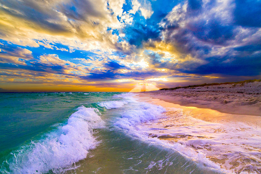 Sunrays Breaking over Blue Sea-Destin Florida Sunset Photograph by eSzra