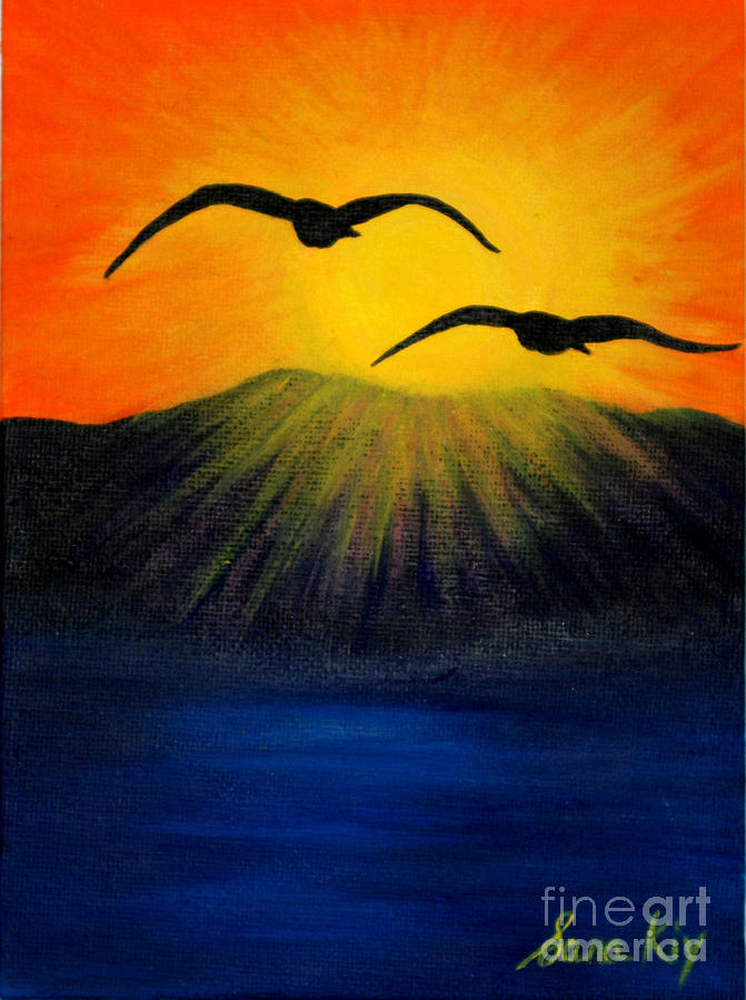 Sunrise and Two Seagulls Painting by Oksana Semenchenko