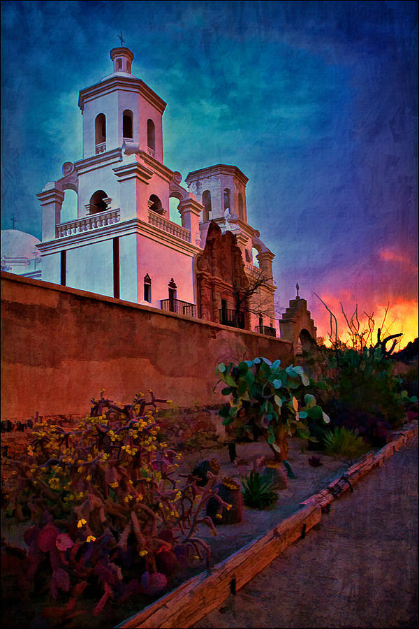Sunrise at Mission San Xavier del Bac Photograph by Priscilla Burgers