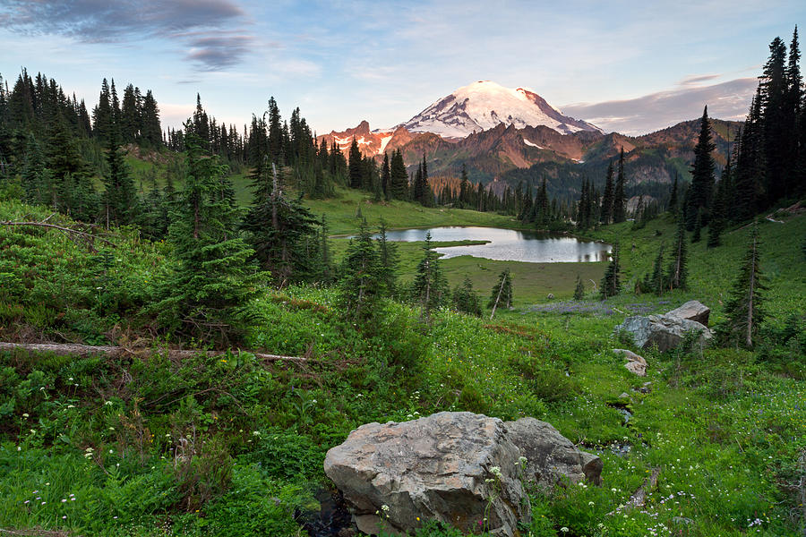 Sunrise at Mount Rainier and Upper Tipsoo Lake Photograph by Michael Russell