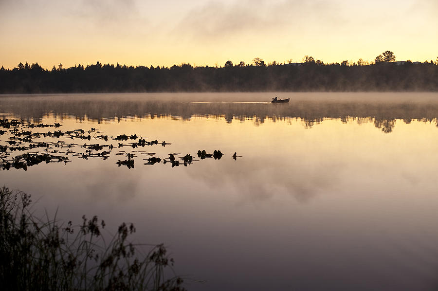 Geese Photograph - Sunrise in fog Lake Cassidy with fisherman in small fishing boat by Jim Corwin