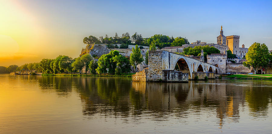 Sunrise of Avignon Bridge with Popes Palace, Pont Saint-Benezet, Provence, France Photograph by GoranQ