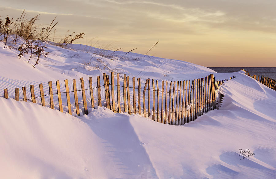 Winter Photograph - Sunrise on Beach Fence by Betty Denise