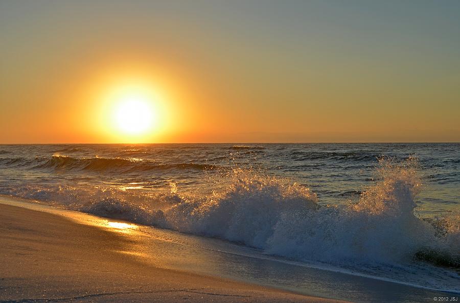 Sunrise on Navarre Beach with Wave Action Photograph by Jeff at JSJ Photography