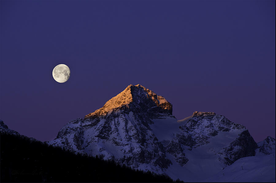 Sunrise on Piz Julier Switzerland with moon Photograph by Peter V Quenter