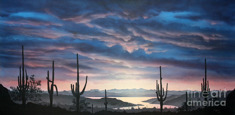 Saguaro Cactus Painting - Sunrise Over Apache Lake by Jerry Bokowski