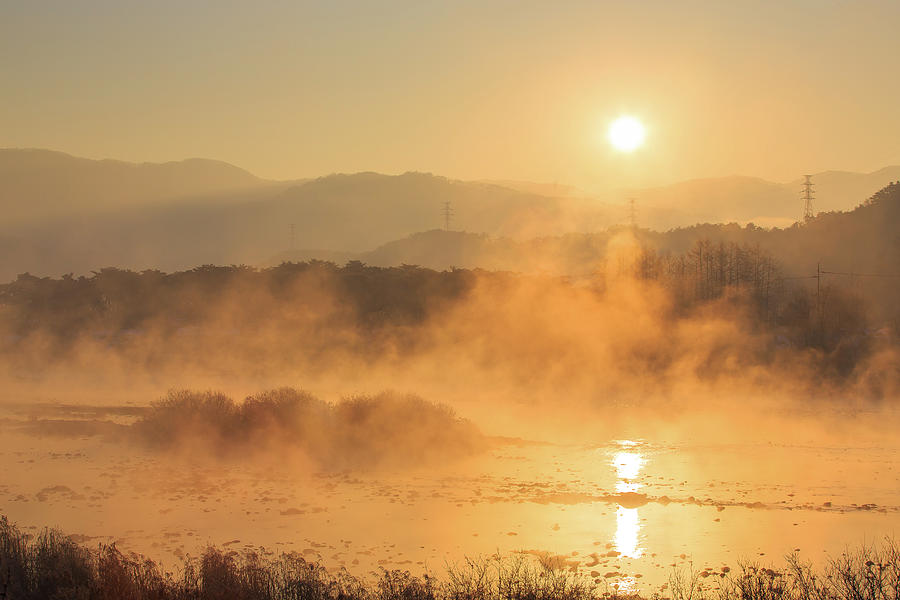 Sunrise Over Misty River Photograph by Sungjin Kim