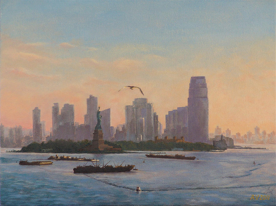 Statue Of Liberty Painting - Sunrise over New York Harbor by Alex Vishnevsky