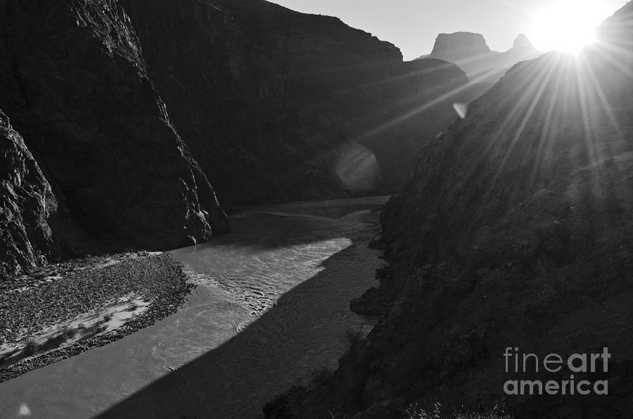 Sunrise over the Colorado River along Bright Angel Trail Grand Canyon National Park Black and White Photograph by Shawn OBrien