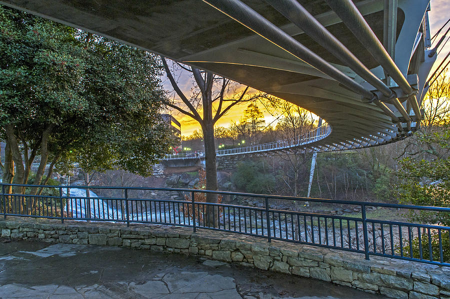Sunrise Under Liberty Bridge at Falls Park Greenville SC Photograph by Willie Harper