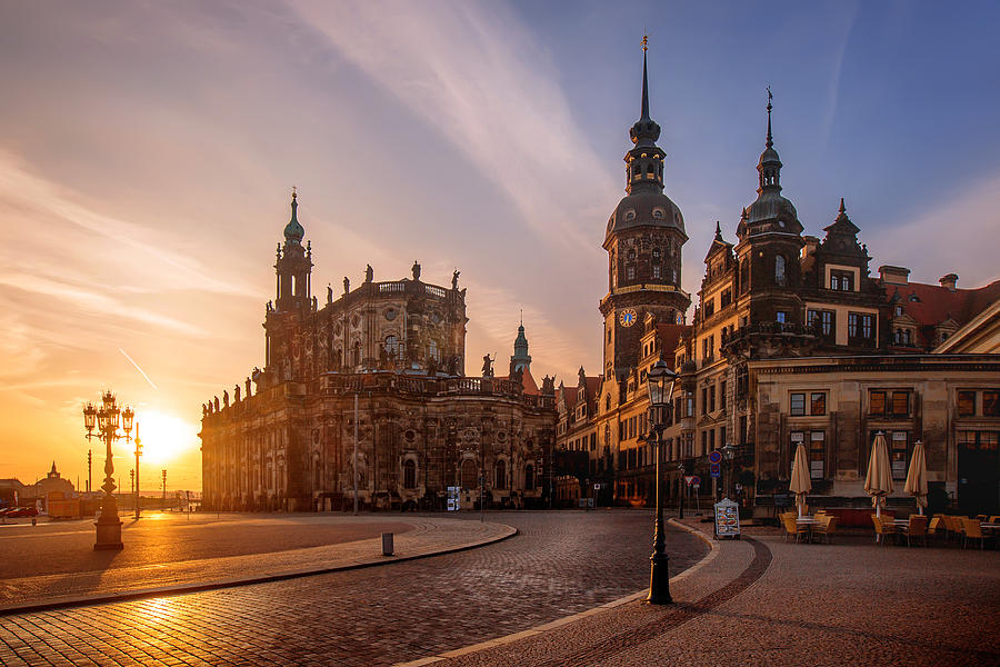 Sunrise View of Dresden Cathedral (Katholische Hofkirche) and Dresden Castle (Dresdner Schloss) at Theaterplatz, Dresden, Germany Photograph by Artie Photography (Artie Ng)