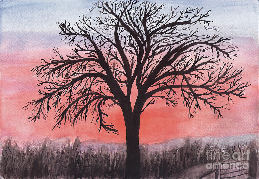 November Sunrise Walnut Tree Watercolor Painting by Conni Schaftenaar